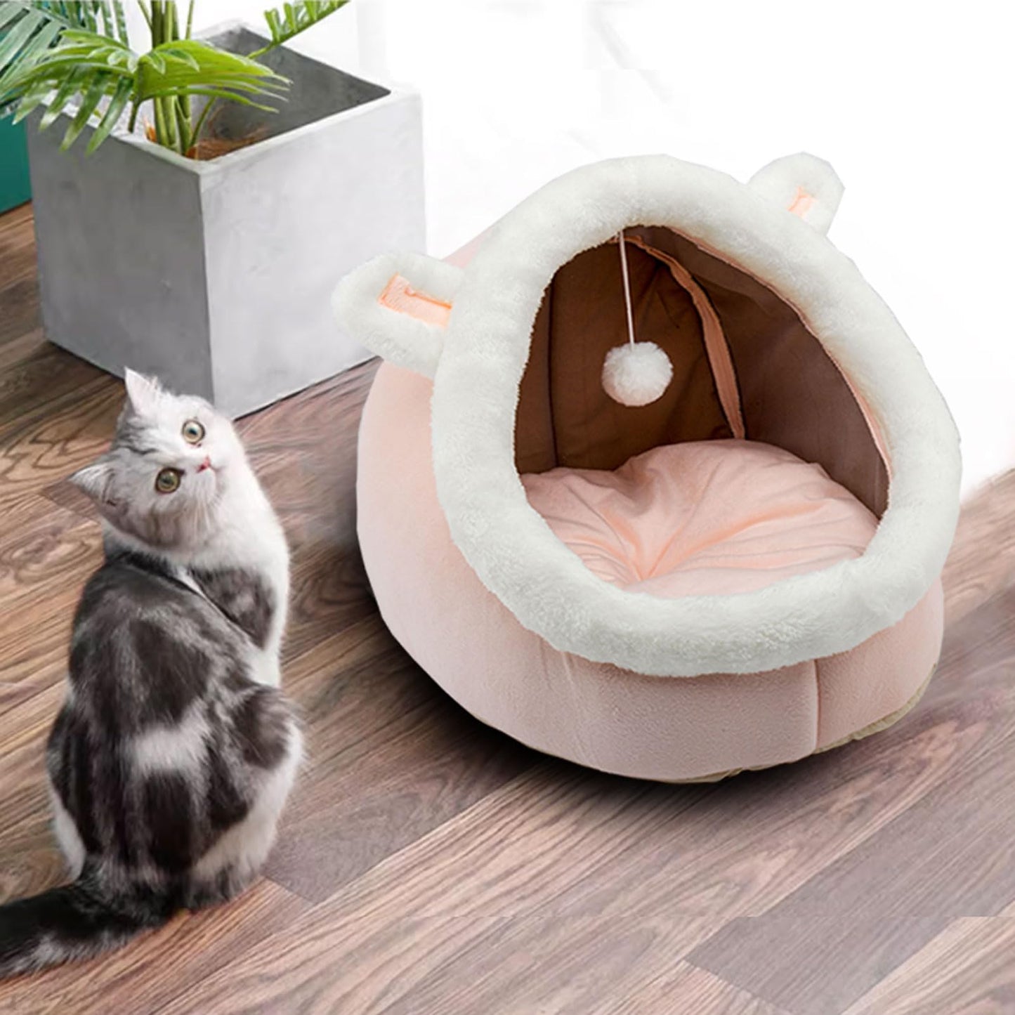 Kuschell Rabbit-Shaped Cat & Dog Bed – Soft Calming Cave with Hanging Toy & Removable Cotton Pad