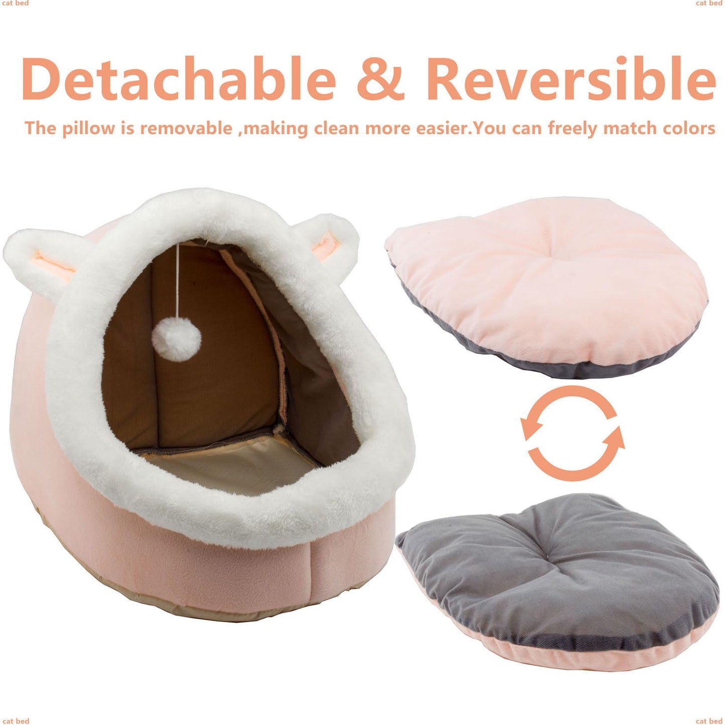 Kuschell Rabbit-Shaped Cat & Dog Bed – Soft Calming Cave with Hanging Toy & Removable Cotton Pad