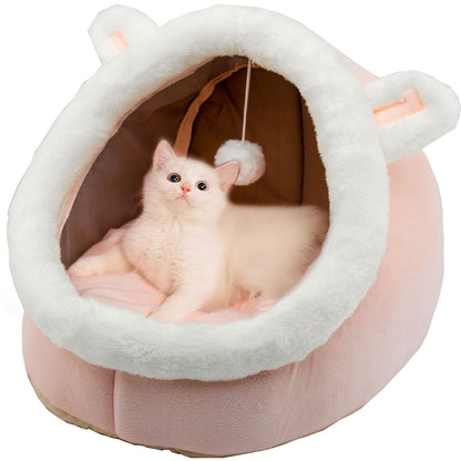 Kuschell Rabbit-Shaped Cat & Dog Bed – Soft Calming Cave with Hanging Toy & Removable Cotton Pad